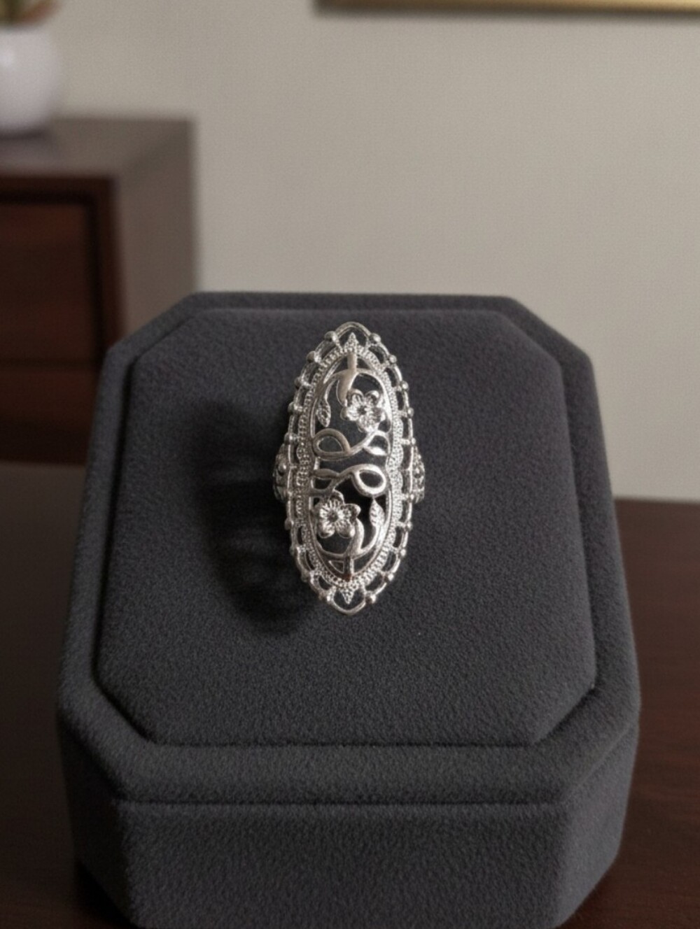 🌸 NEW Vintage Filigree Floral Statement Ring - Sterling Silver Elongated Armor